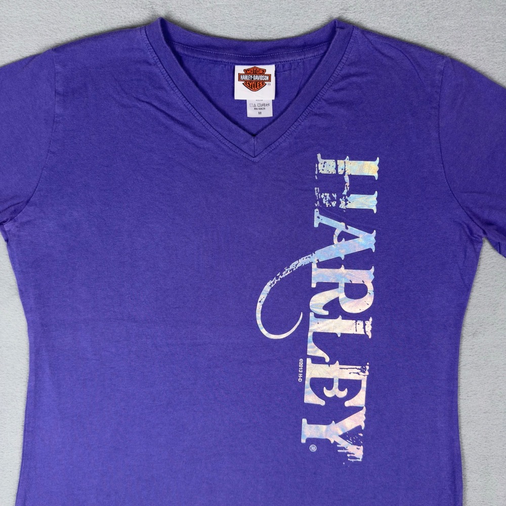 Harley Davidson Brandt's I-69 Marion IN Women's V-Neck Tee Purple Metallic M - Picture 3 of 7